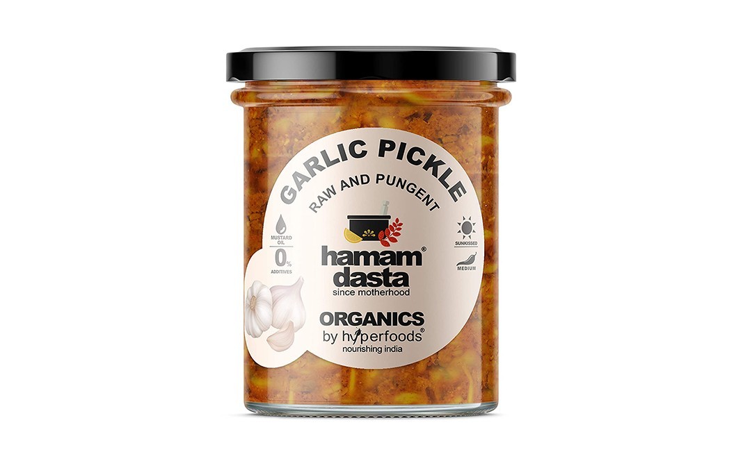 Hamam Dasta Garlic Pickle Raw And Pungent   Glass Jar  300 grams